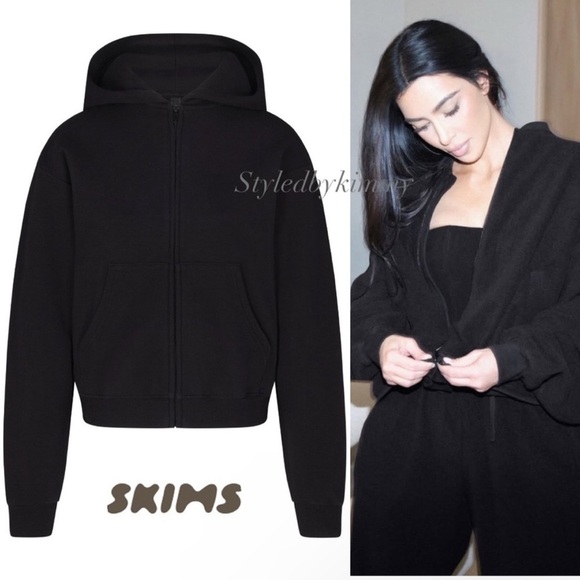 SKIMS Cotton Fleece Classic ZIP UP HOODIE Onyx Black M Medium NWT NEW - Picture 1 of 6